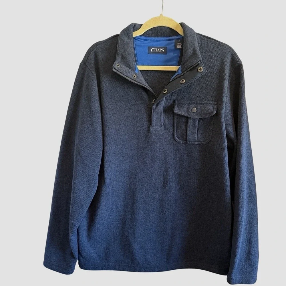 Chaps Fleece Pullover Mens Medium Navy Blue Excellent Quarter Snap Mock Neck‎